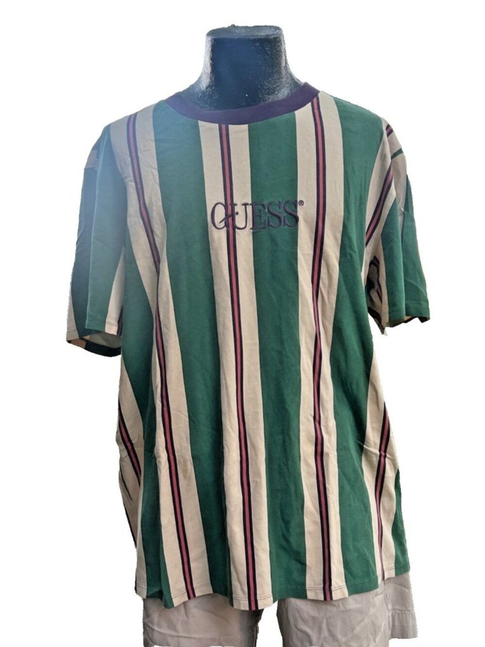 Guess Originals Vertical Striped Embroidered Logo T Shirt Mens Large Green Tan